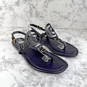 Coach Jeri Black Leather Sandals Size 7.5 Thong Slingback Flat C Logo Buckle